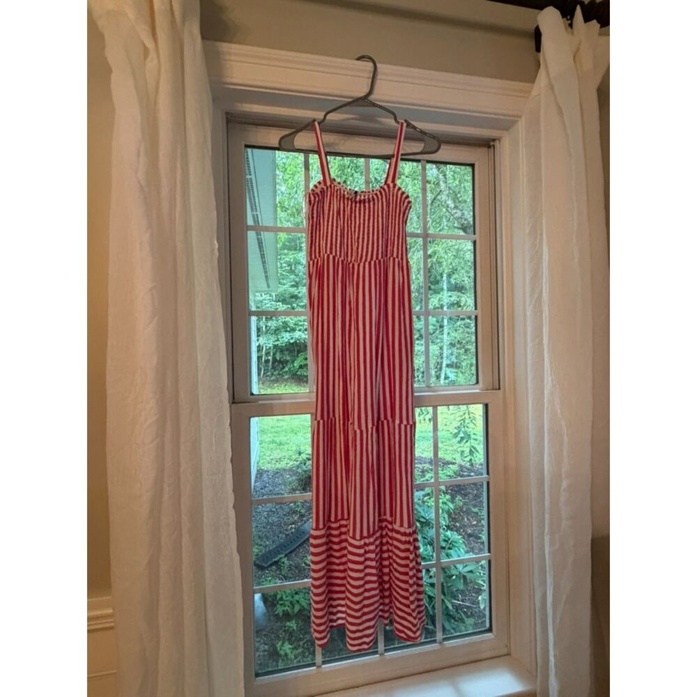 RAVIYA Pink White Striped Smocked Tiered Maxi Dress Size Small